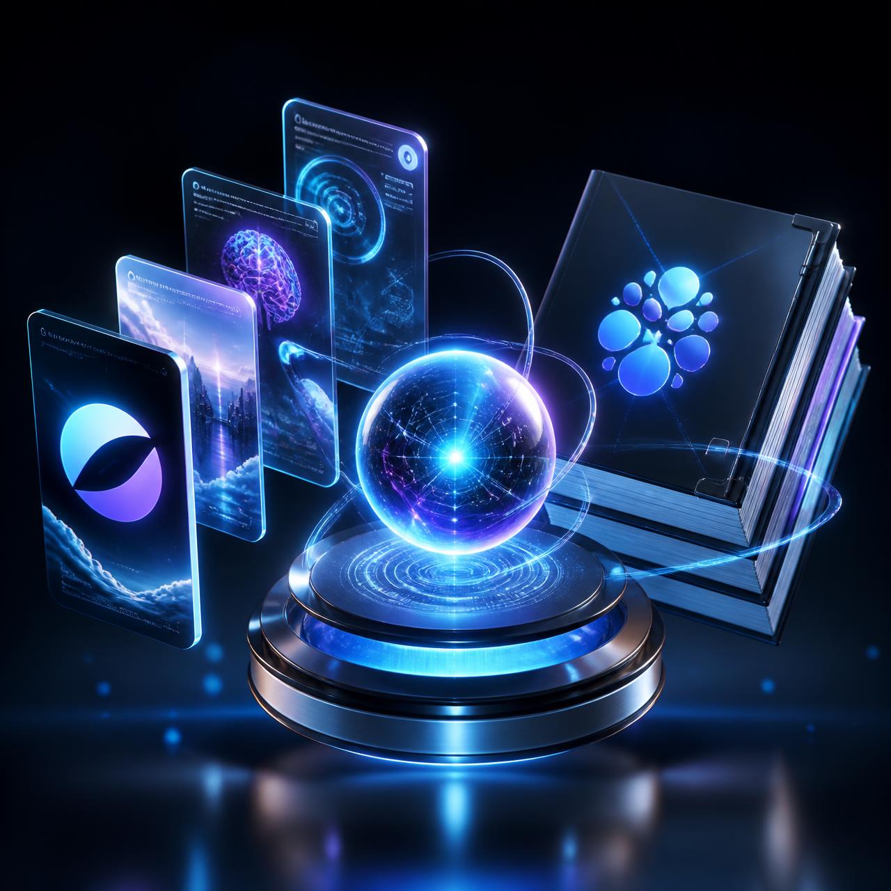 3D illustration of the free bonus stack: design interface, AI prompt cards, e-books and community access