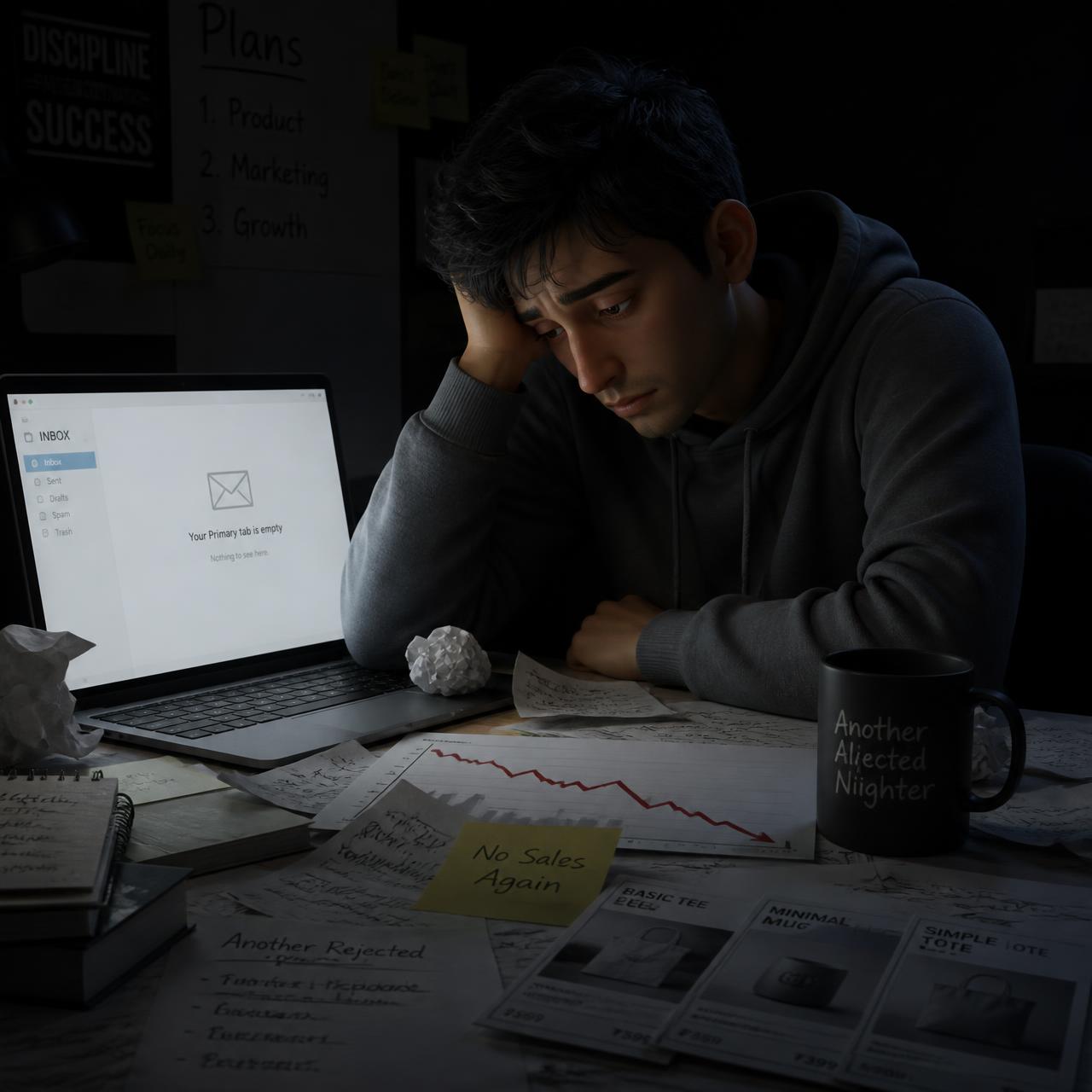 Illustration of a frustrated seller buried in random links, spreadsheets and falling sales