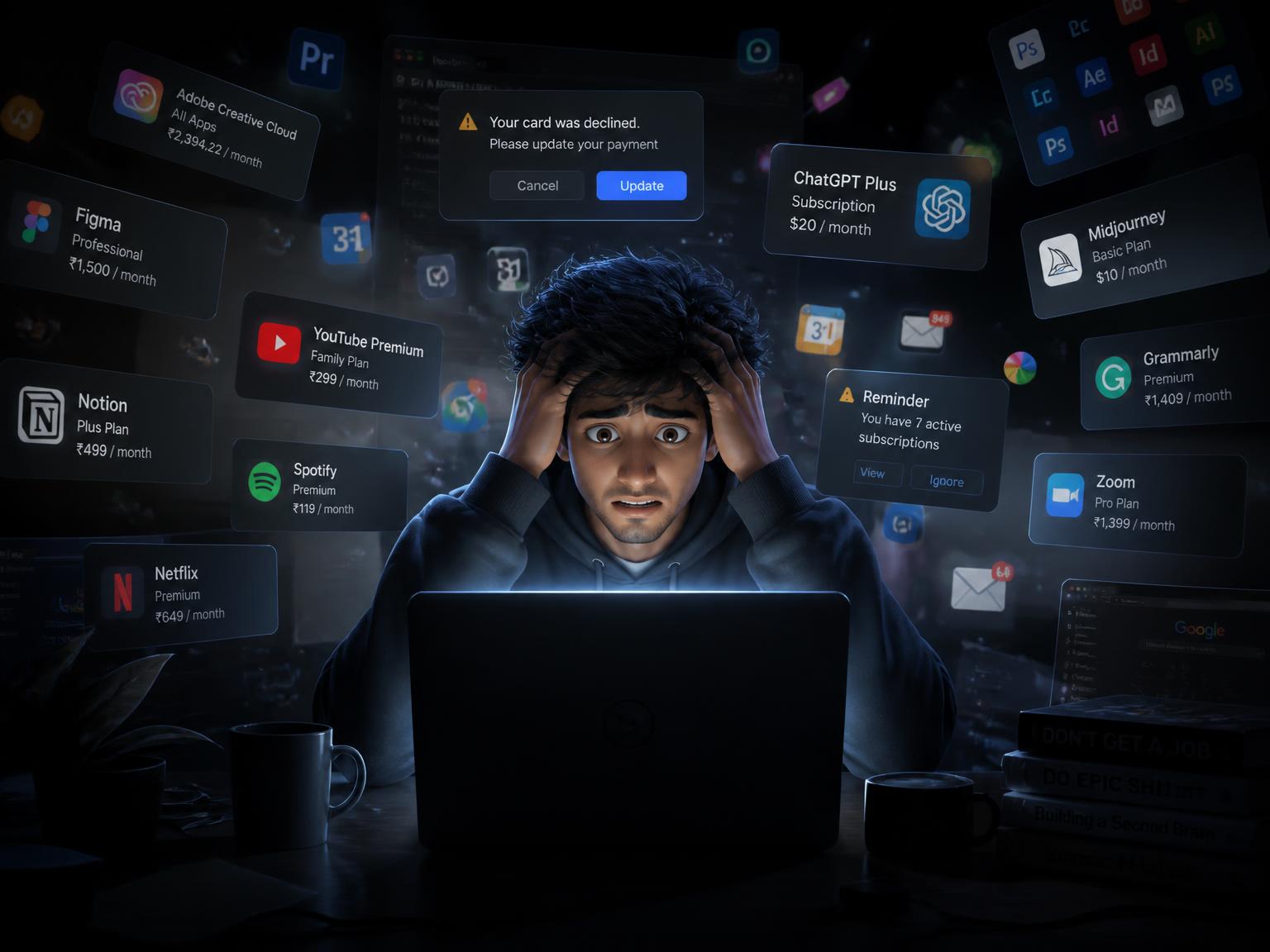Cinematic 3D scene of a young Indian creator overwhelmed by dozens of software subscriptions, pricing cards and notifications