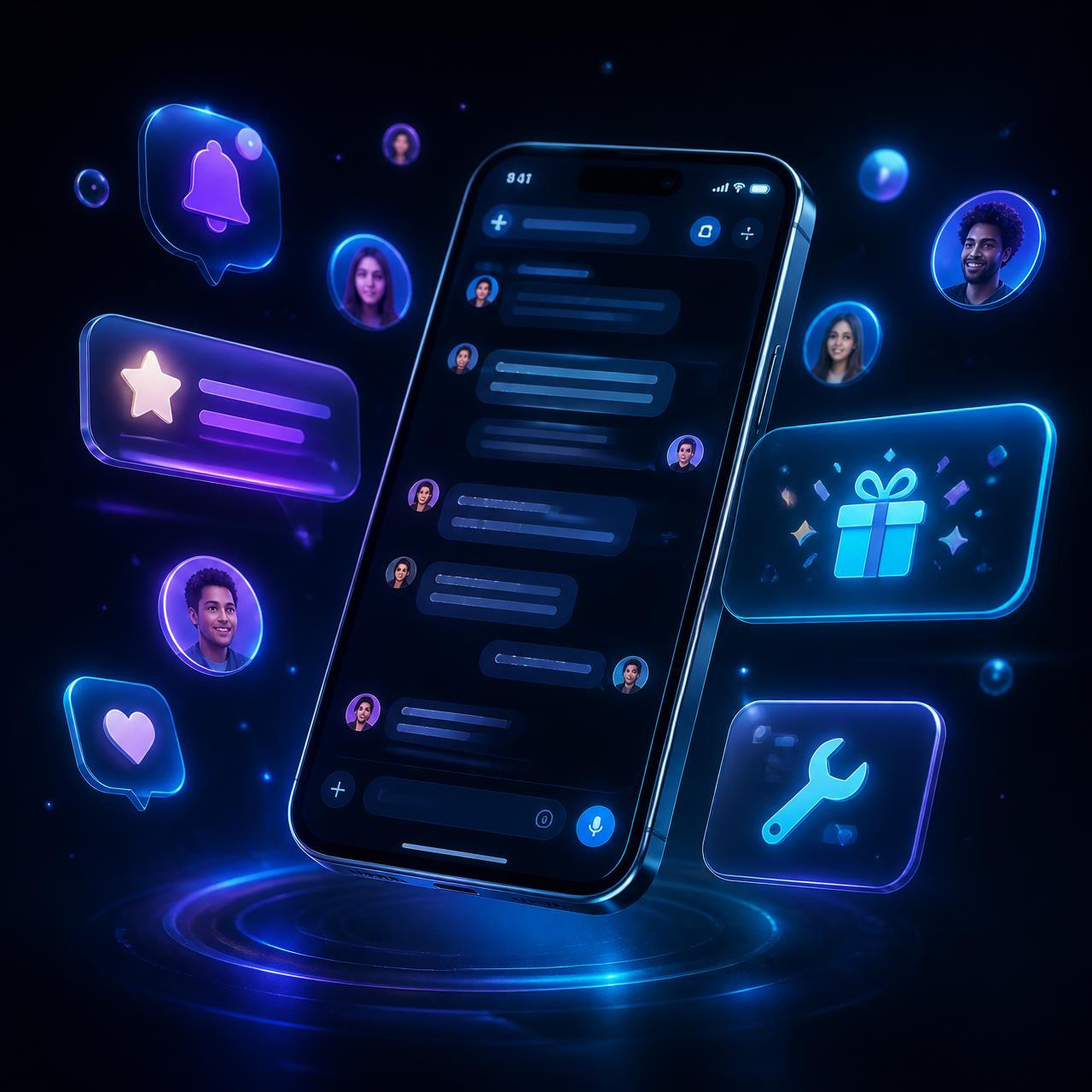 3D smartphone showing the GenzyBrains VIP community feed surrounded by notification bubbles and member avatars